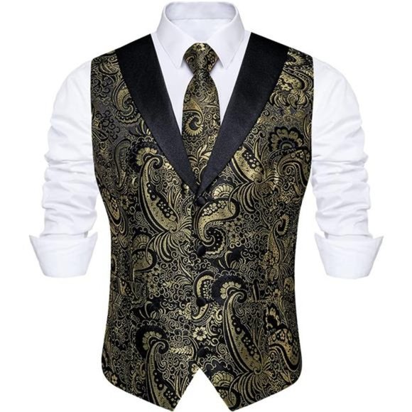 MEN'S Wedding Paisley Suit Vest, Black Gold Paisley - Picture 3 of 6